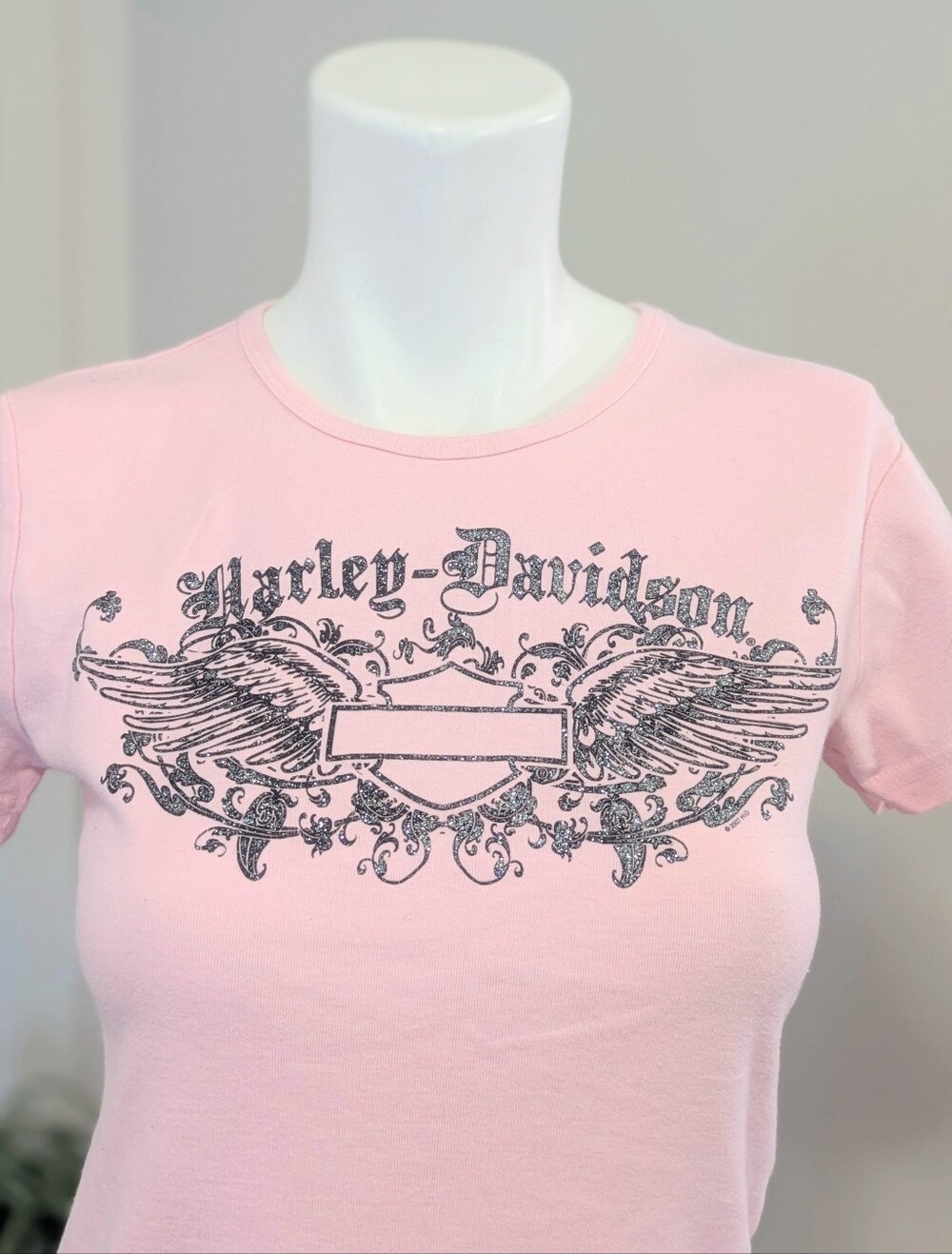 Y2K Harley-Davidson Pink Tee with Glitter Wing Graphic, Bellingham, Washington